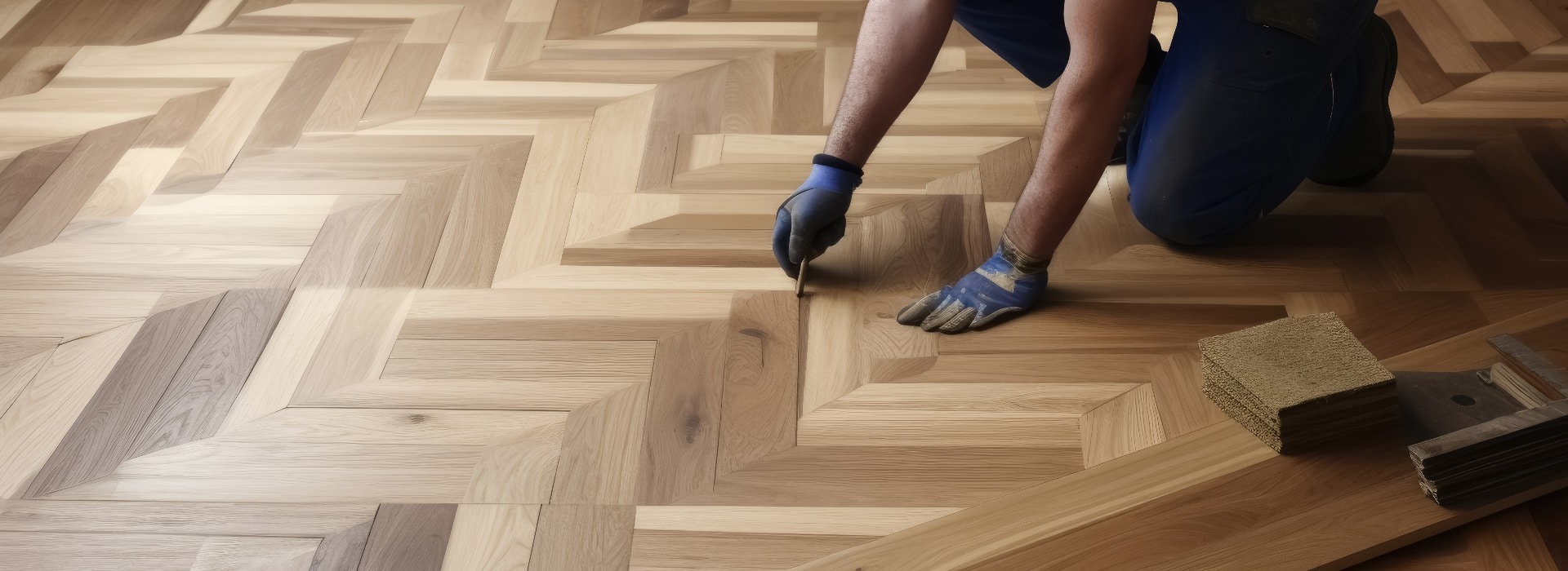 A craftsman laying parquet flooring created with generative AI technology.